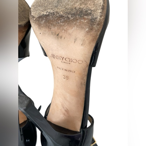 Jimmy Choo Lang Sandals Strappy Heels Black Patent Leather Stiletto Sz 39 / 9 - Picture 7 of 8